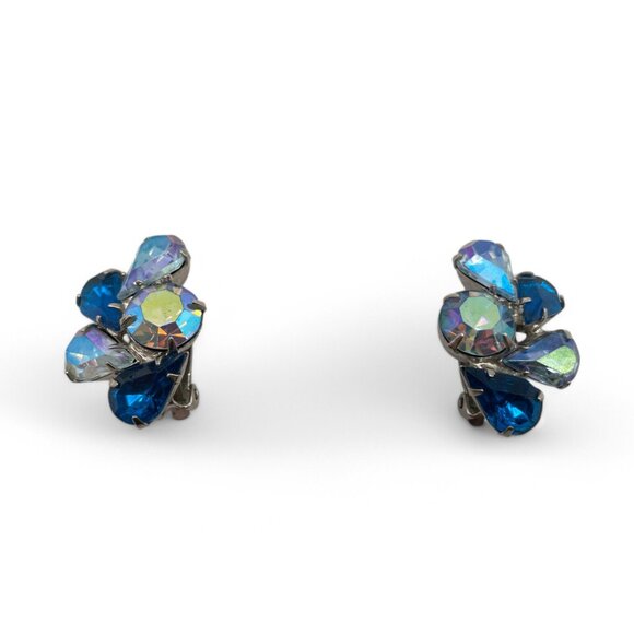 Vintage Blue and AB Rhinestone Clip-On Earrings Large Stones Prong Set Silver - Picture 6 of 10